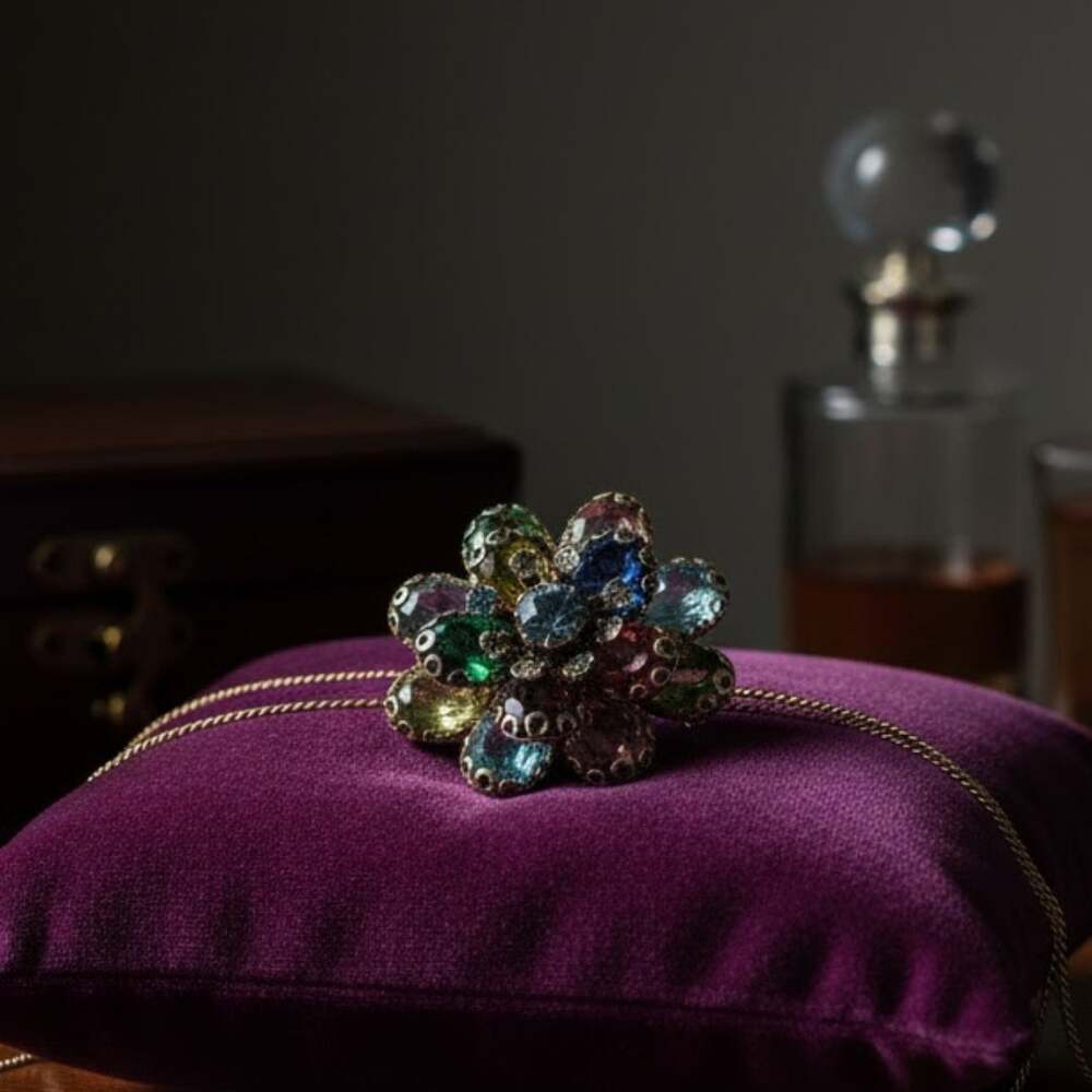Vintage Rainbow Rhinestone Floral Brooch Pin Prong Set Multicolor